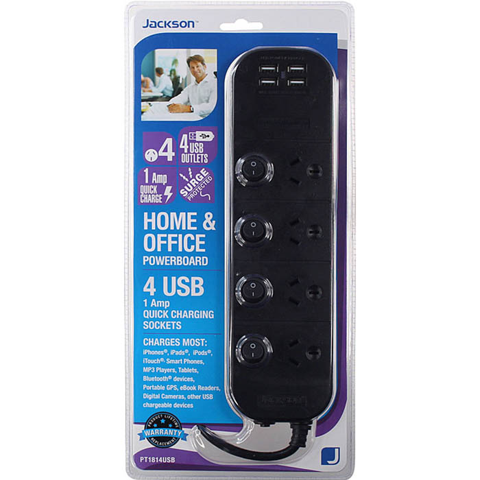 Image for JACKSON POWERBOARD SURGE PROTECTED 4 OUTLET SWITCHED 4 USB OUTLETS 1M BLACK from York Stationers