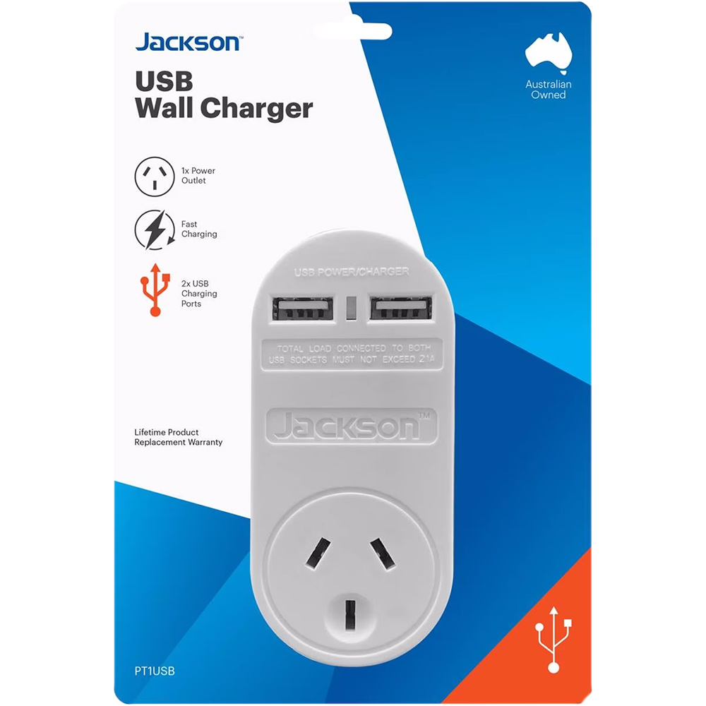 Image for JACKSON CHARGER MAINS POWER OUTLET 2 X USB-A WHITE from BusinessWorld Computer & Stationery Warehouse