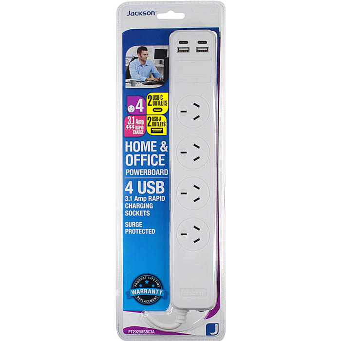 Image for JACKSON POWERBOARD SURGE PROTECTED 4 WAY USB 1M WHITE from That Office Place PICTON