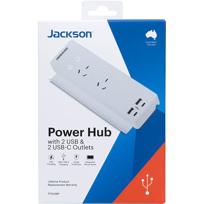 Image for JACKSON POWER HUB SURGE PROTECTED 2 OUTLET WITH USB OUTLETS from Clipboard Stationers & Art Supplies