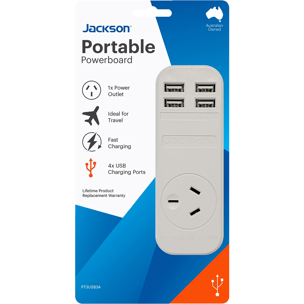 Image for JACKSON POWERBOARD SINGLE OUTLET 4 USB OUTLETS 900MM WHITE from Mitronics Corporation