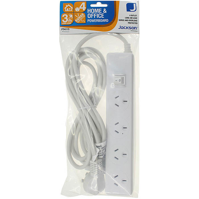 Image for JACKSON POWERBOARD SURGE PROTECTED 4 OUTLET SWITCHED 3M WHITE from York Stationers