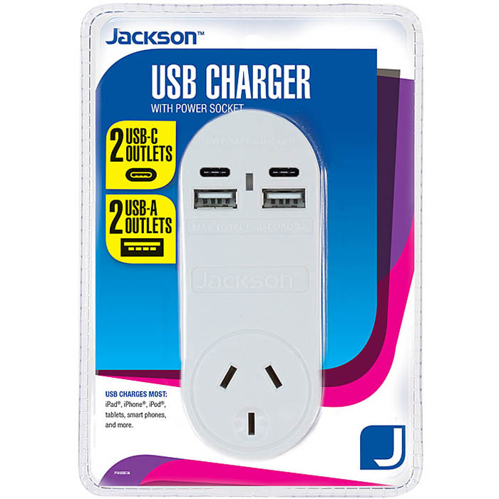 Image for JACKSON CHARGER MAINS POWER OUTLET 2 X USB-A / 2 X USB-C WHITE from BusinessWorld Computer & Stationery Warehouse