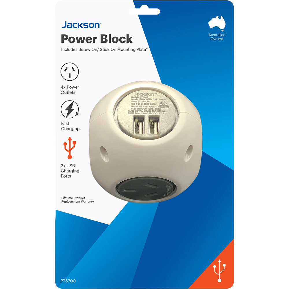 Image for JACKSON POWER BLOCK 4 OUTLET WITH USB OUTLETS from York Stationers