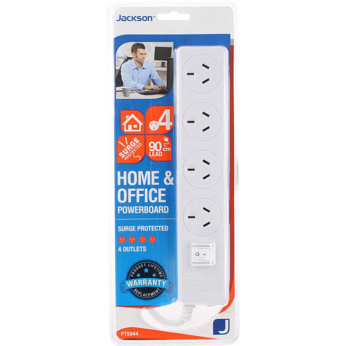 Image for JACKSON POWERBOARD SURGE PROTECTED 4 OUTLET SWITCHED 900MM WHITE from ONET B2C Store
