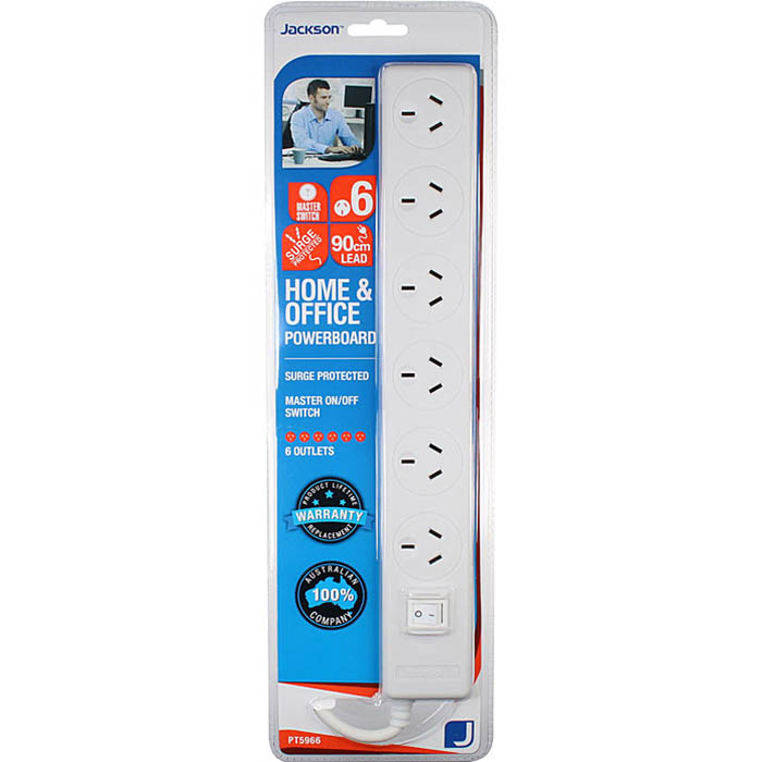 Image for JACKSON POWERBOARD SURGE PROTECTED 6 OUTLET SWITCHED 900MM WHITE from BusinessWorld Computer & Stationery Warehouse