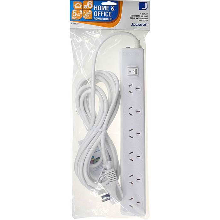 Image for JACKSON POWERBOARD SURGE PROTECTED 6 OUTLET SWITCHED 5M WHITE from BusinessWorld Computer & Stationery Warehouse