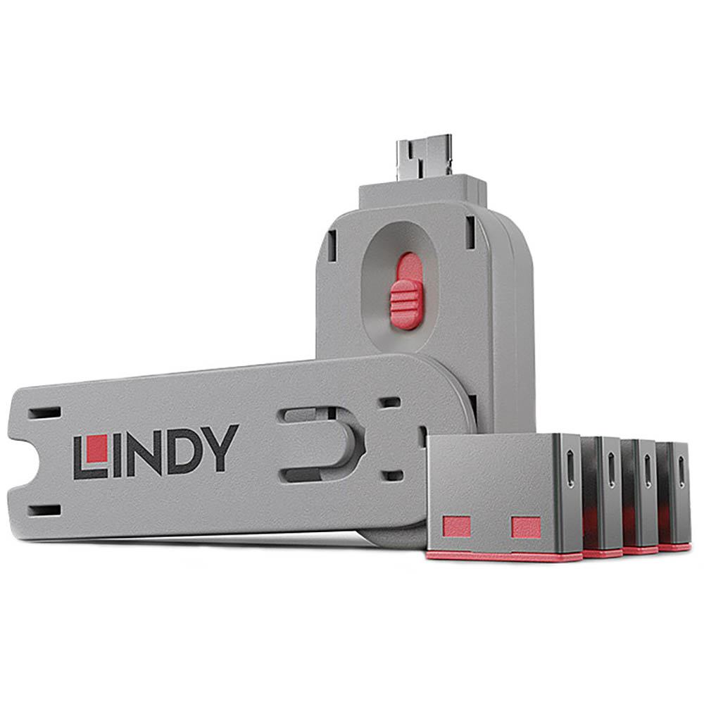 Image for LINDY 40450 USB PORT BLOCKER WITH KEY PACK 4 PINK from York Stationers