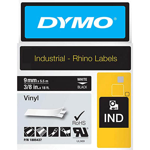 Image for DYMO 1805437 RHINO INDUSTRIAL TAPE VINYL 9MM WHITE ON BLACK from BusinessWorld Computer & Stationery Warehouse