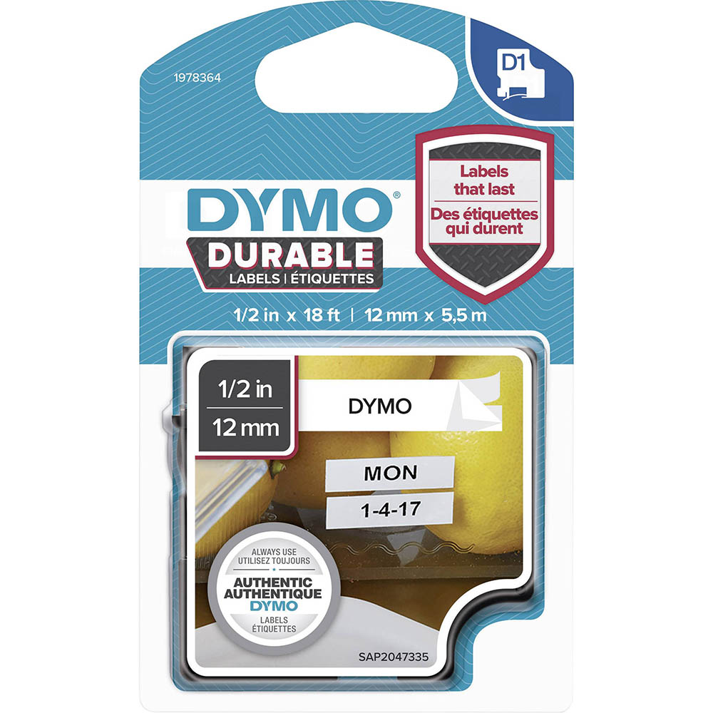 Image for DYMO 1978364 D1 DURABLE LABEL CASSETTE TAPE 12MM X 5.5M BLACK ON WHITE from Eastland Office Supplies