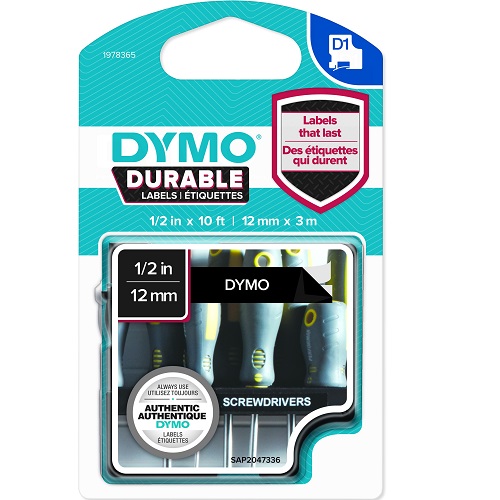Image for DYMO 1978365 D1 DURABLE LABEL CASSETTE TAPE 12MM X 3M WHITE ON BLACK from Prime Office Supplies