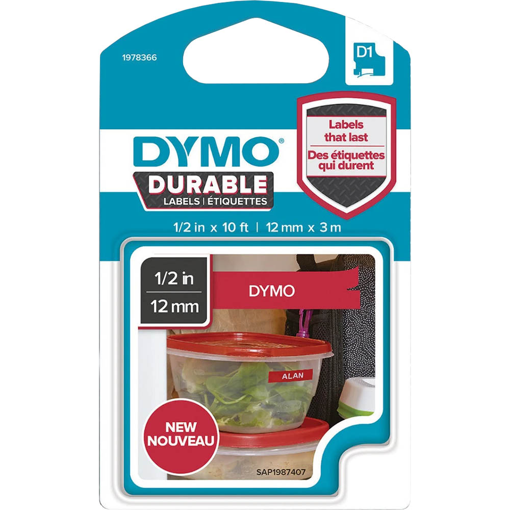 Image for DYMO 1978366 D1 DURABLE LABEL CASSETTE TAPE 12MM X 3M WHITE ON RED from Prime Office Supplies