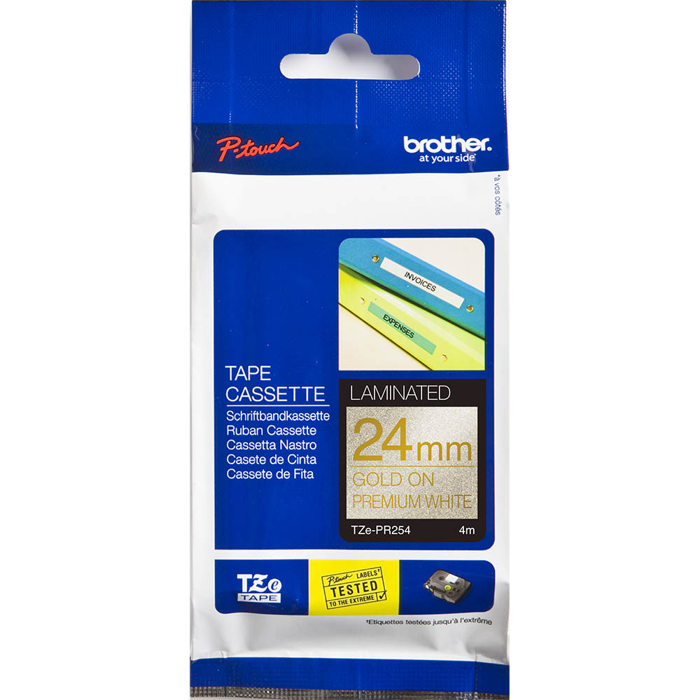 Image for BROTHER TZE-PR254 LAMINATED LABELLING TAPE 24MM X 4M GOLD ON PREMIUM GLITTER WHITE from Mitronics Corporation