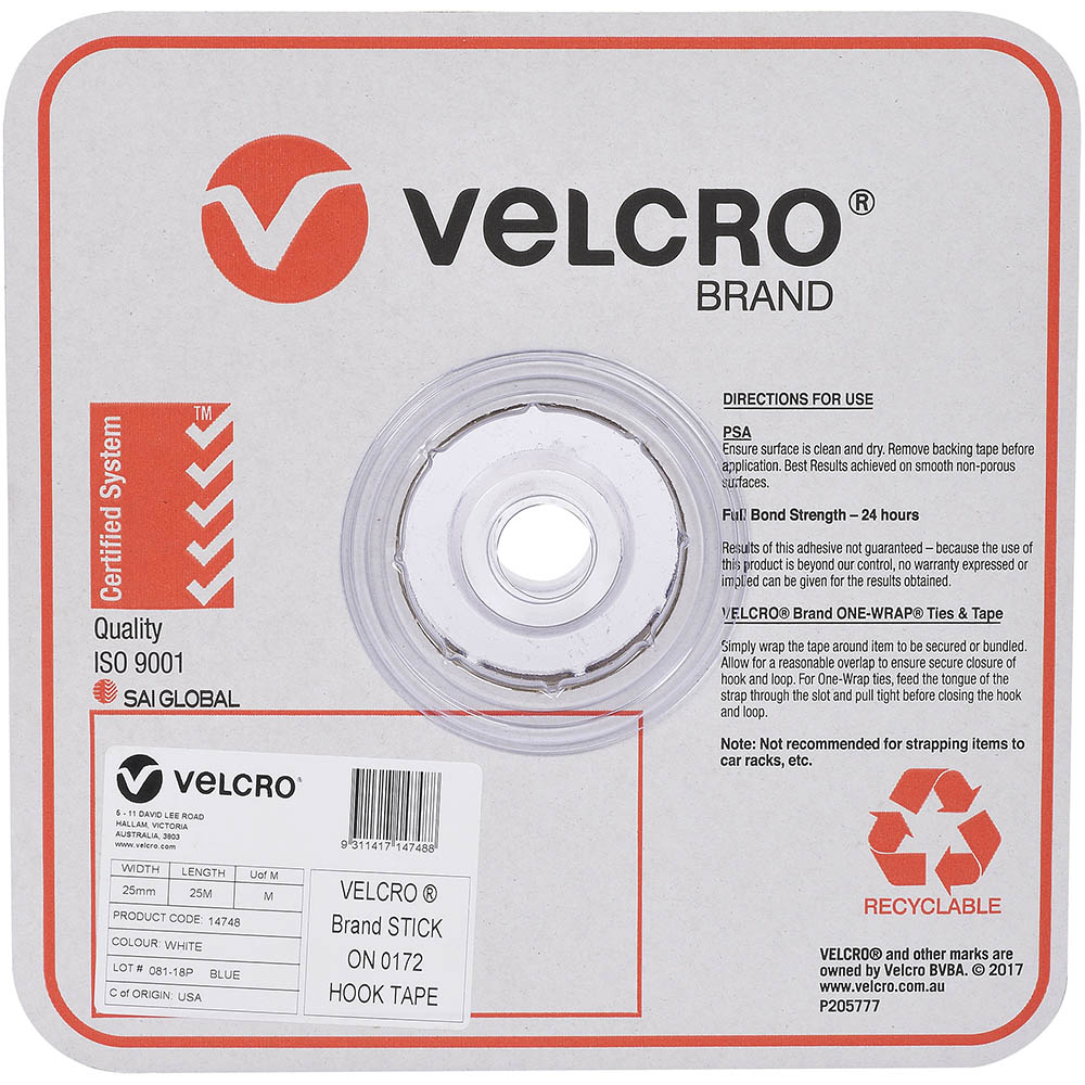 Image for VELCRO BRAND® STICK-ON HOOK TAPE 25MM X 25M WHITE from Mitronics Corporation
