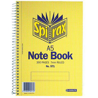 Image for SPIRAX 571 NOTEBOOK 7MM RULED SPIRAL BOUND SIDE OPEN 300 PAGE A5 from Memo Office and Art