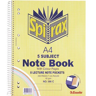 Image for SPIRAX 596C 5-SUBJECT NOTEBOOK 7MM RULED SPIRAL BOUND COLOURED PAPER 250 PAGE A4 from ONET B2C Store