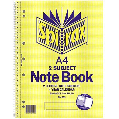 Image for SPIRAX 605 2 SUBJECT NOTEBOOK 7MM RULED SPIRAL BOUND 250 PAGE A4 from Mitronics Corporation