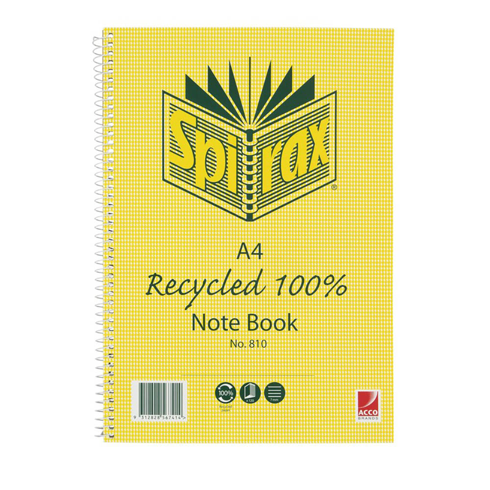 SPIRAX 810 NOTEBOOK 7MM RULED 100% RECYCLED CARDBOARD COVER SPIRAL BOUND A4 120 PAGE |  | 7004758i