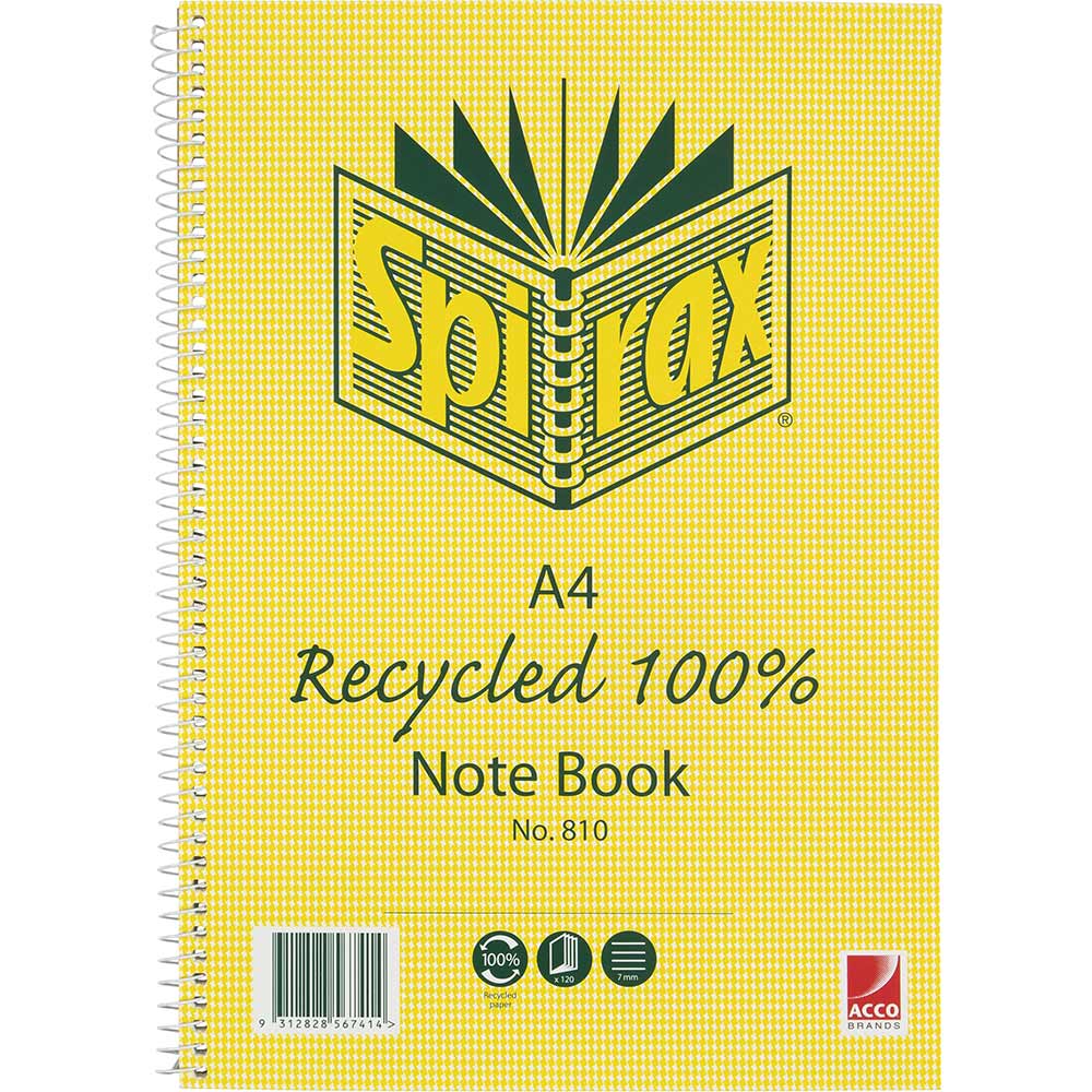 Image for SPIRAX 810 NOTEBOOK 7MM RULED 100% RECYCLED CARDBOARD COVER SPIRAL BOUND A4 120 PAGE from BusinessWorld Computer & Stationery Warehouse