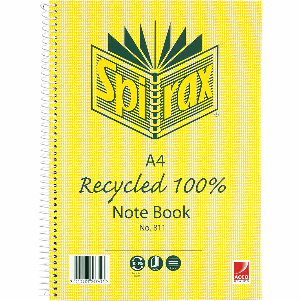 Image for SPIRAX 811 NOTEBOOK 7MM RULED 100% RECYCLED CARDBOARD COVER SPIRAL BOUND A4 240 PAGE from ONET B2C Store
