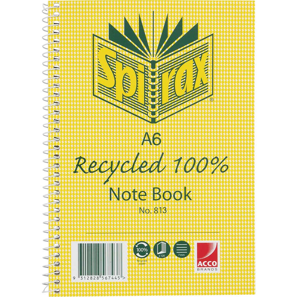Image for SPIRAX 813 NOTEBOOK 7MM RULED 100% RECYCLED CARDBOARD COVER SPIRAL BOUND A6 100 PAGE from Challenge Office Supplies