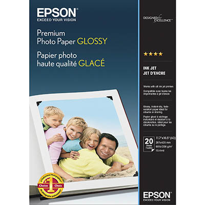 Image for EPSON S041288 PREMIUM GLOSSY PHOTO PAPER 255GSM A3 WHITE PACK 20 from Challenge Office Supplies