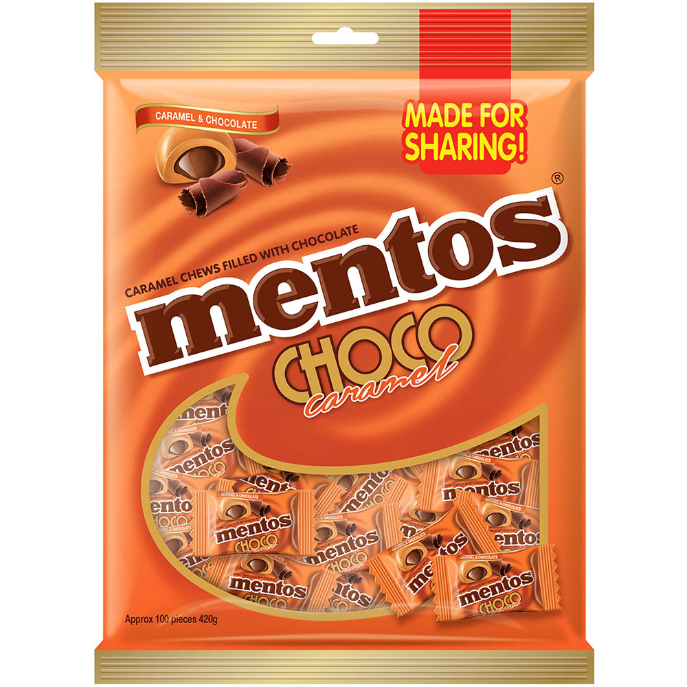 Image for MENTOS CHOCO CARAMEL PILLOW PACK 420G from York Stationers