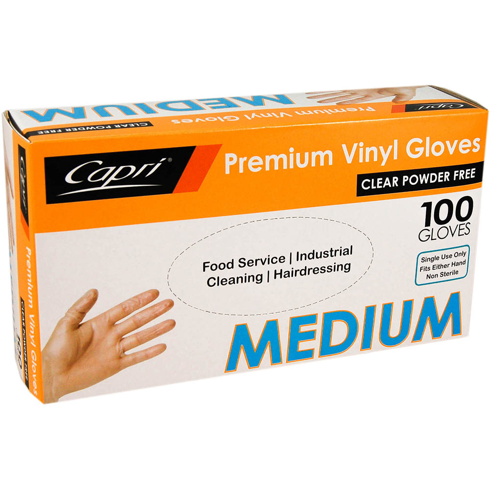 Image for CAPRI VINYL GLOVE POWDER FREE CLEAR MEDIUM PACK 100 from BusinessWorld Computer & Stationery Warehouse