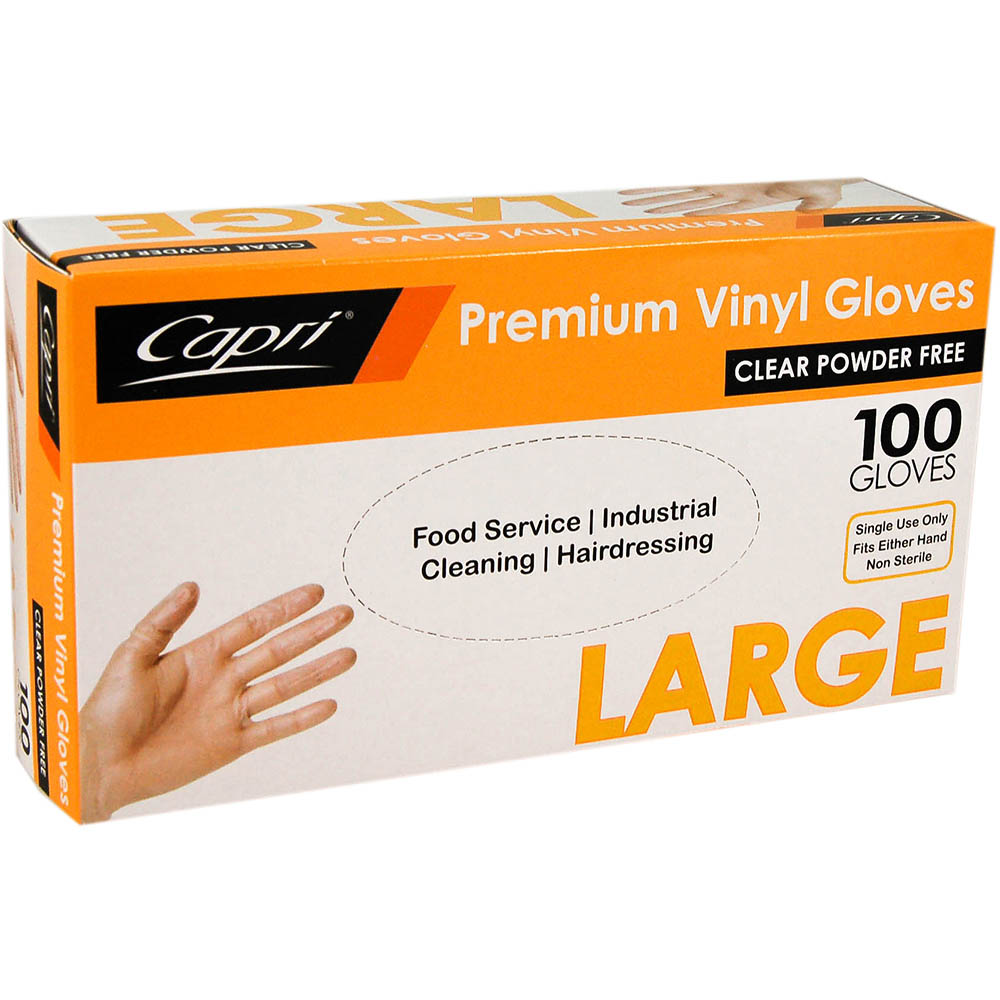 Image for CAPRI VINYL GLOVE POWDER FREE CLEAR LARGE PACK 100 from BusinessWorld Computer & Stationery Warehouse