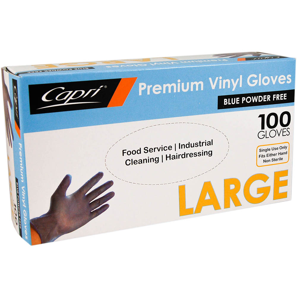 Image for CAPRI VINYL GLOVE POWDER FREE BLUE LARGE PACK 100 from Prime Office Supplies