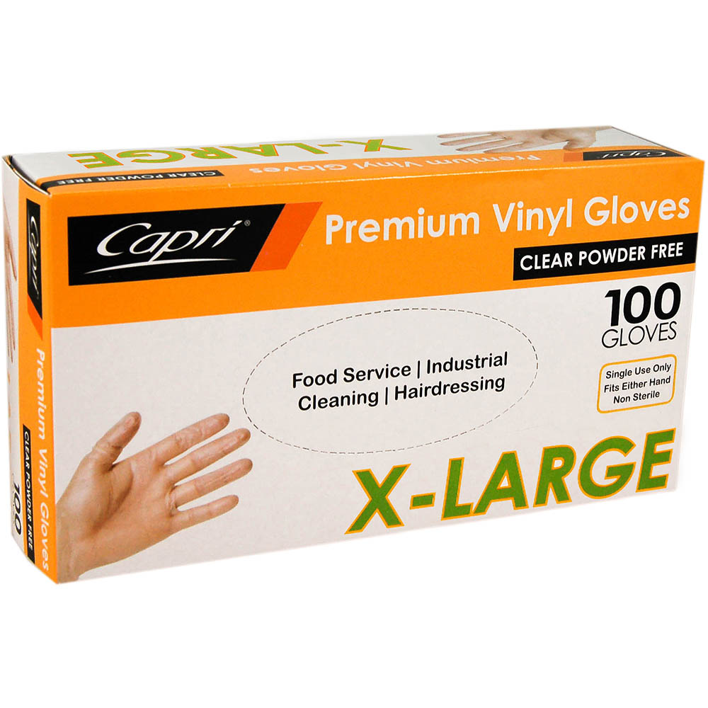 Image for CAPRI VINYL GLOVE POWDER FREE CLEAR EXTRA LARGE PACK 100 from BusinessWorld Computer & Stationery Warehouse