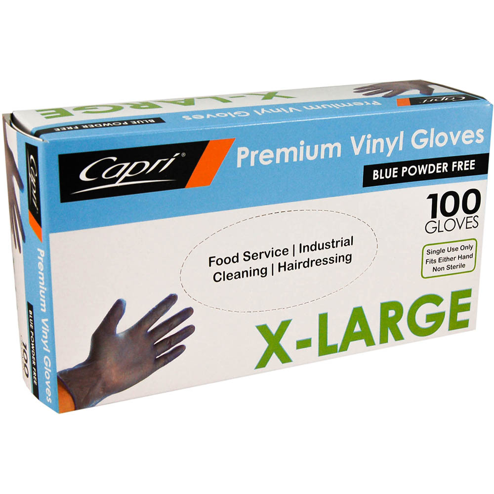 Image for CAPRI VINYL GLOVE POWDER FREE BLUE EXTRA LARGE PACK 100 from BusinessWorld Computer & Stationery Warehouse
