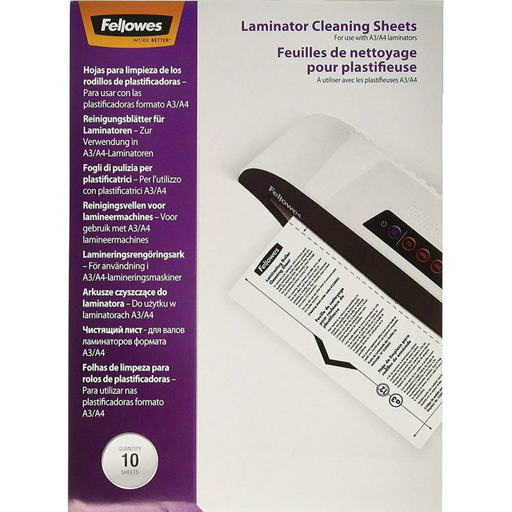 Image for FELLOWES LAMINATOR CLEANING SHEETS A4 WHITE PACK 10 from Office Fix - WE WILL BEAT ANY ADVERTISED PRICE BY 10%