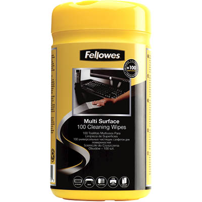 Image for FELLOWES SURFACE CLEANING WIPES TUB 100 from Merv's Stationery