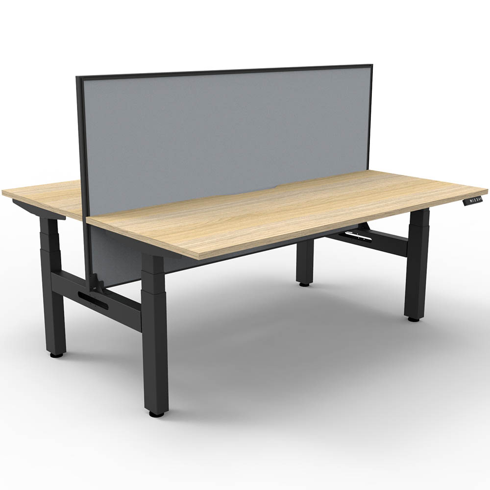 Image for RAPIDLINE BOOST PLUS HEIGHT ADJUSTABLE DOUBLE SIDED WORKSTATION WITH SCREEN 1200 X 750MM NATURAL OAK TOP / BLACK FRAME / GREY S from Office Express