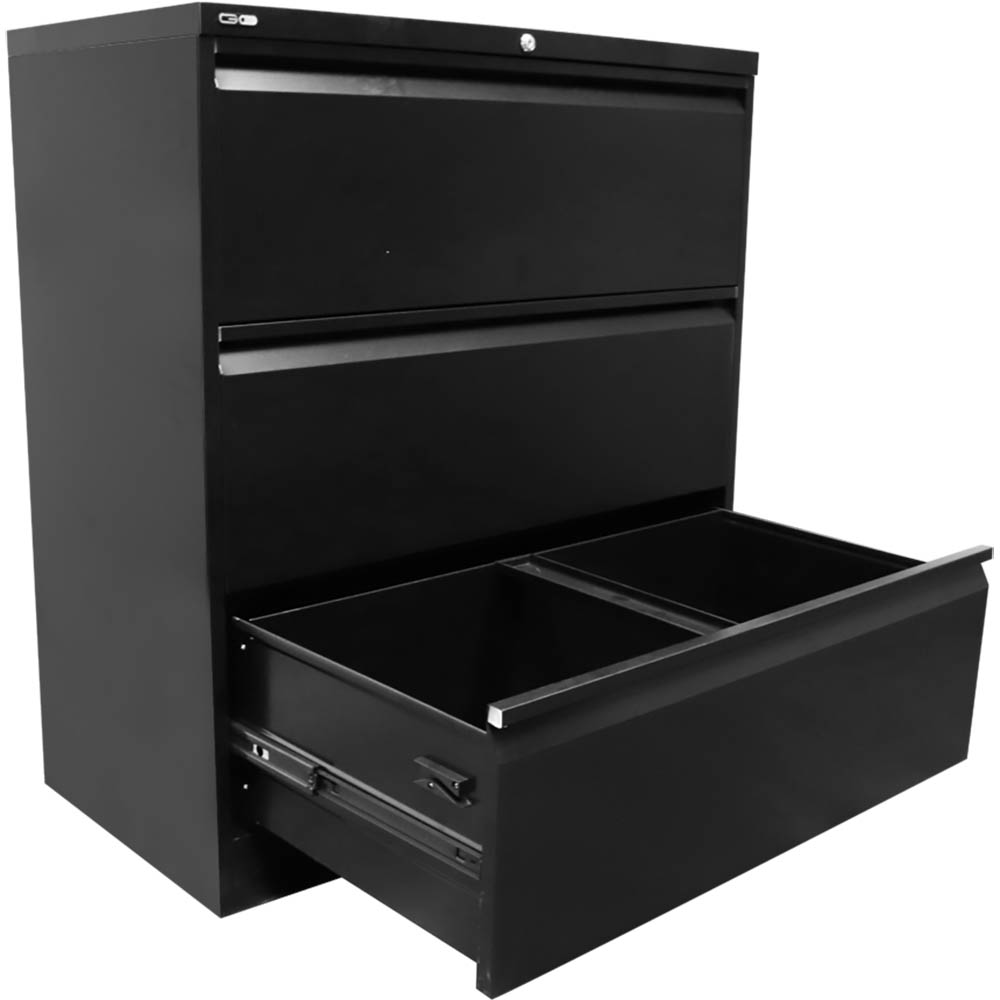 Image for GO LATERAL FILING CABINET 3 DRAWER HEAVY DUTY 1016 X 900 X 473MM BLACK from Clipboard Stationers & Art Supplies