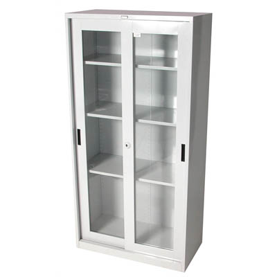 Image for STEELCO GLASS SLIDING DOOR CUPBOARD 3 SHELVES 1830 X 914 X 465MM SILVER GREY from ALLBIZ Office Supplies