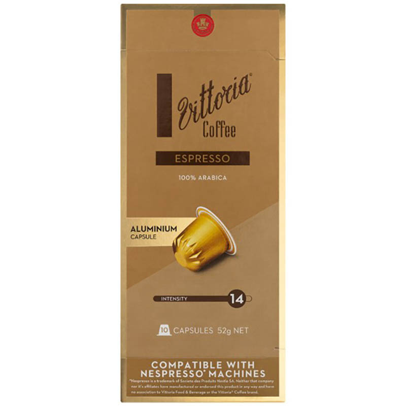 Image for VITTORIA NESPRESSO COMPATIBLE COFFEE CAPSULES ESPRESSO PACK 10 from SNOWS OFFICE SUPPLIES - Brisbane Family Company