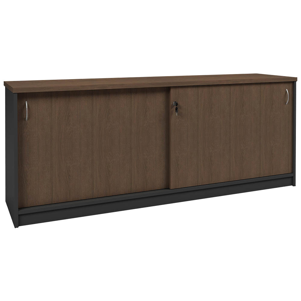 Image for OM PREMIER SLIDING DOOR CREDENZA 1500 X 450 X 720MM REGAL WALNUT/CHARCOAL from That Office Place PICTON