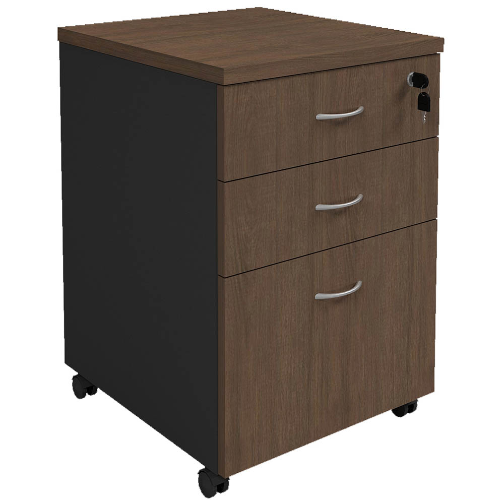 Image for OM PREMIER MOBILE PEDESTAL 3-DRAWER LOCKABLE 468 X 510 X 685MM REGAL WALNUT/CHARCOAL from Challenge Office Supplies