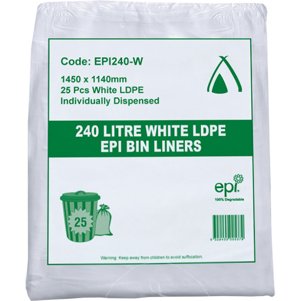 Image for HUHTAMAKI LDPE BIN LINER EPI 240 LITRE WHITE PACK 25 from That Office Place PICTON