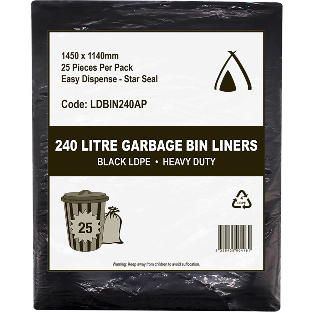 Image for HUHTAMAKI HEAVY DUTY ALL PURPOSE LDPE BIN LINER 240 LITRE 1450 X 1140MM BLACK PACK 25 from BusinessWorld Computer & Stationery Warehouse