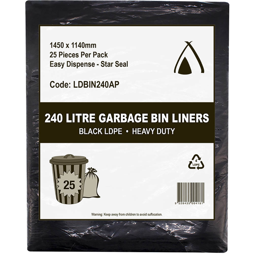 Image for HUHTAMAKI HEAVY DUTY ALL PURPOSE LDPE BIN LINER 240 LITRE 1450 X 1140MM BLACK PACK 25 from Challenge Office Supplies