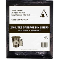 huhtamaki heavy duty all purpose ldpe bin liner 240 litre 1450 x 1140mm black pack 25