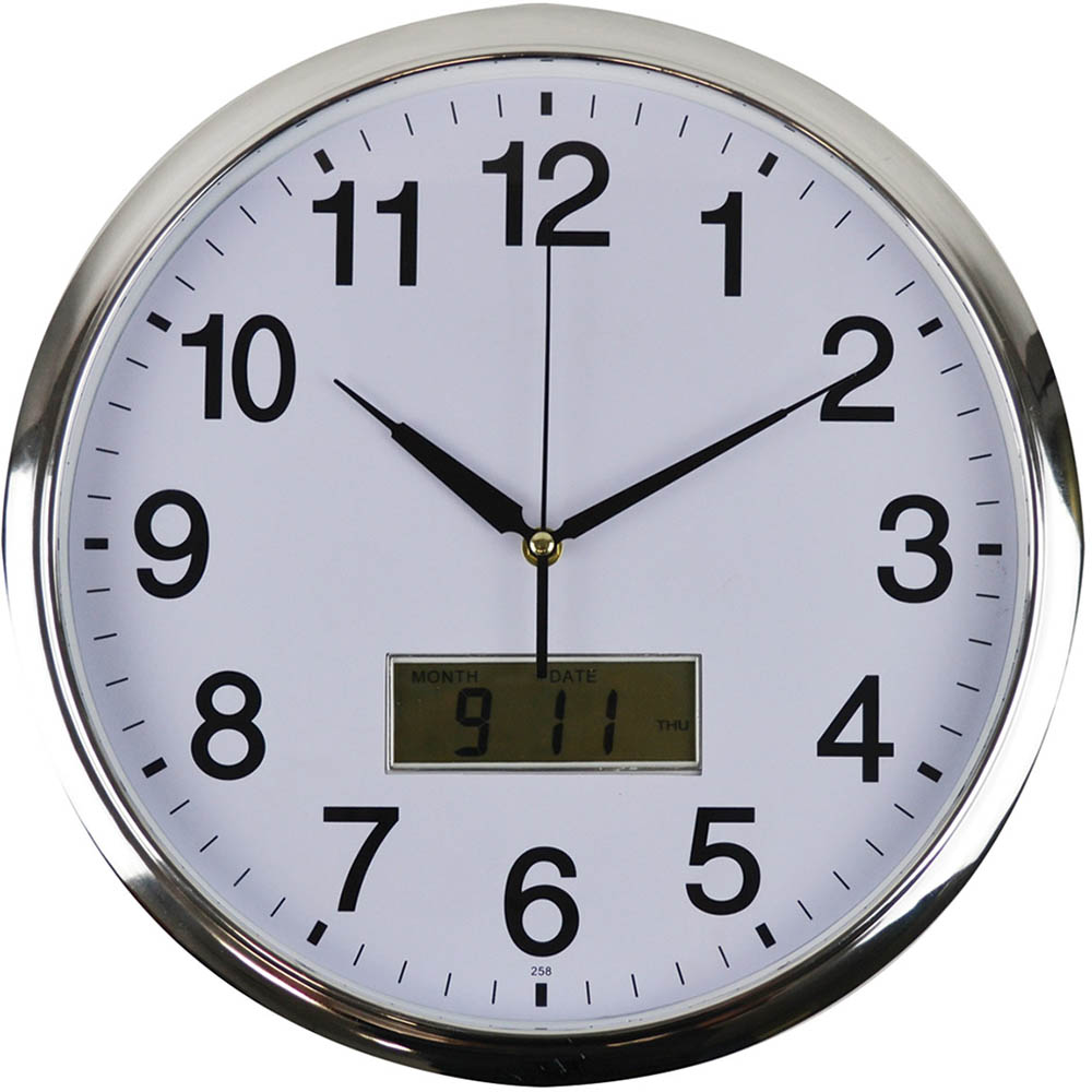 Image for ITALPLAST WALL CLOCK WITH LCD DISPLAY 360MM WHITE / CHROME from Clipboard Stationers & Art Supplies