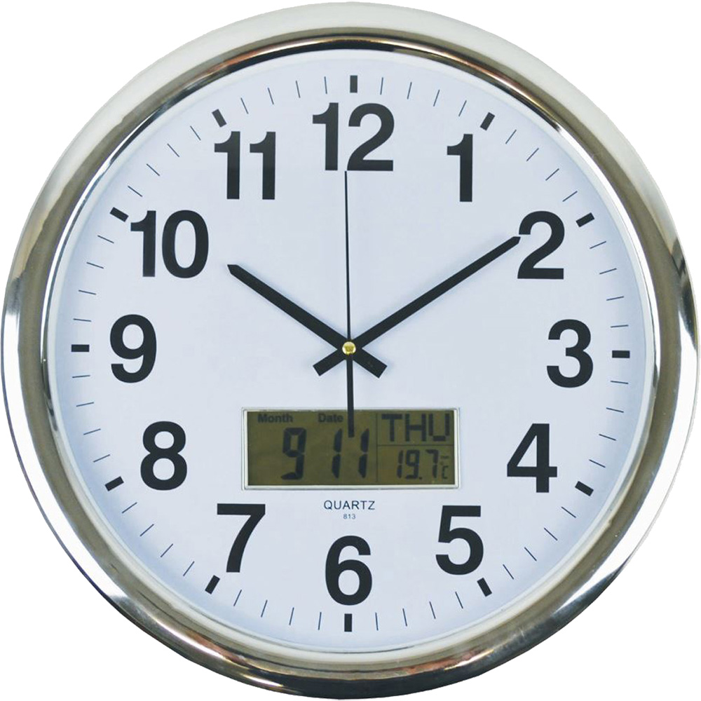 Image for ITALPLAST WALL CLOCK WITH LCD DISPLAY 430MM WHITE / CHROME from Office Heaven