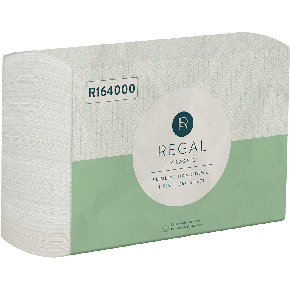 Image for REGAL CLASSIC SLIMLINE INTERLEAVED HAND TOWEL 1-PLY 220 X 225MM 250 SHEET from BusinessWorld Computer & Stationery Warehouse