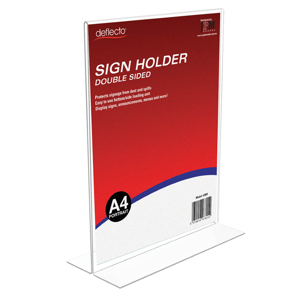 Image for DEFLECTO SIGN HOLDER T-SHAPE DOUBLE SIDED PORTRAIT A4 CLEAR from Prime Office Supplies