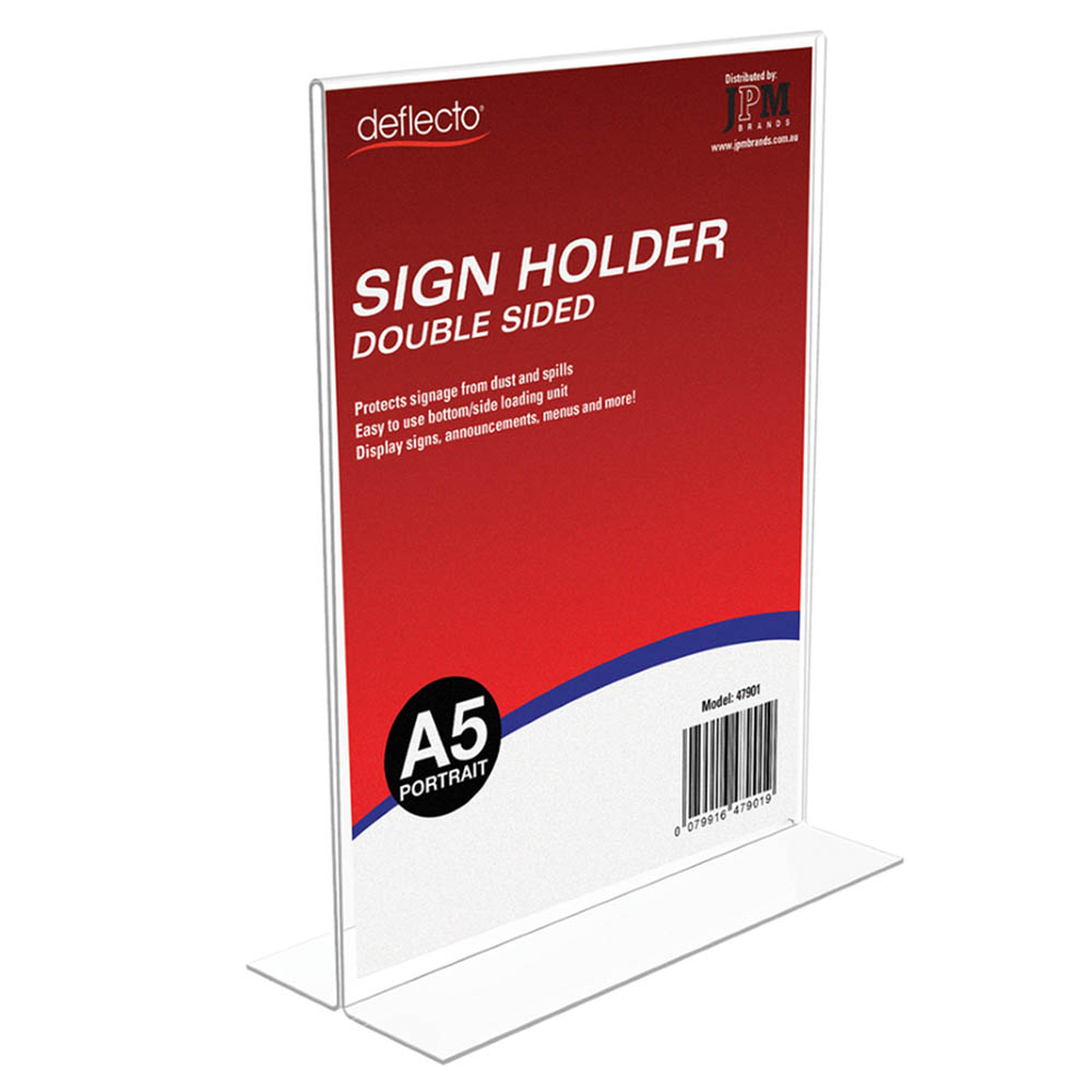 Image for DEFLECTO SIGN HOLDER T-SHAPE DOUBLE SIDED PORTRAIT A5 CLEAR from Prime Office Supplies