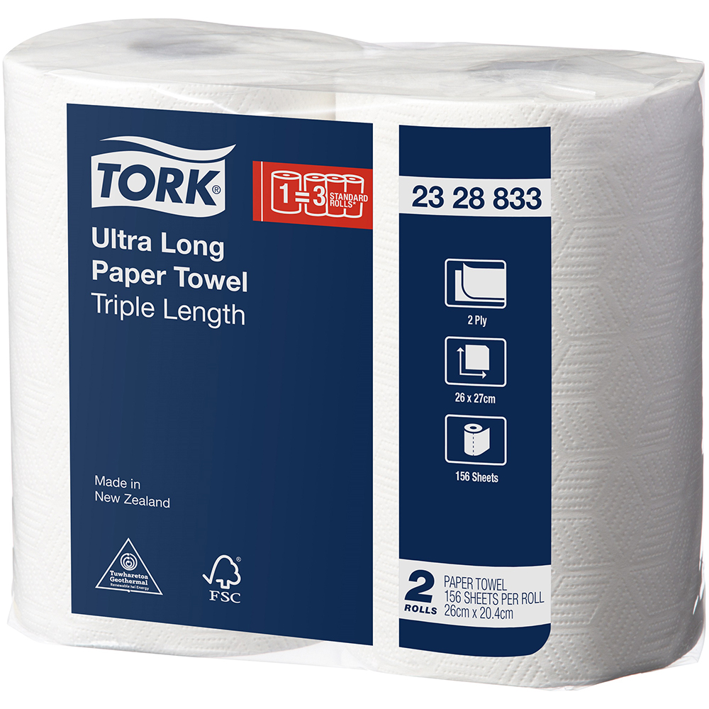 Image for TORK 2328833 ULTRA LONG TRIPLE LENGTH KITCHEN ROLL 2-PLY 156 SHEET WHITE PACK 2 from York Stationers